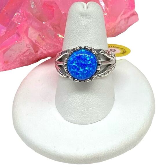 Blue Fire Opal Ring Size 9 Solid 925 Sterling Silver Daisy Flower Floral Boho - Picture 10 of 10